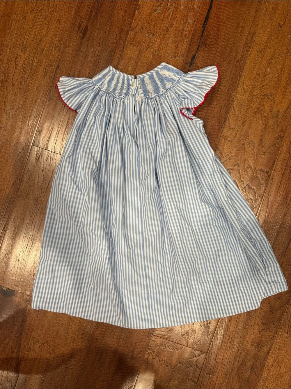 Girls' Blue & White Striped Smocked Sailboat Dress with Red Trim